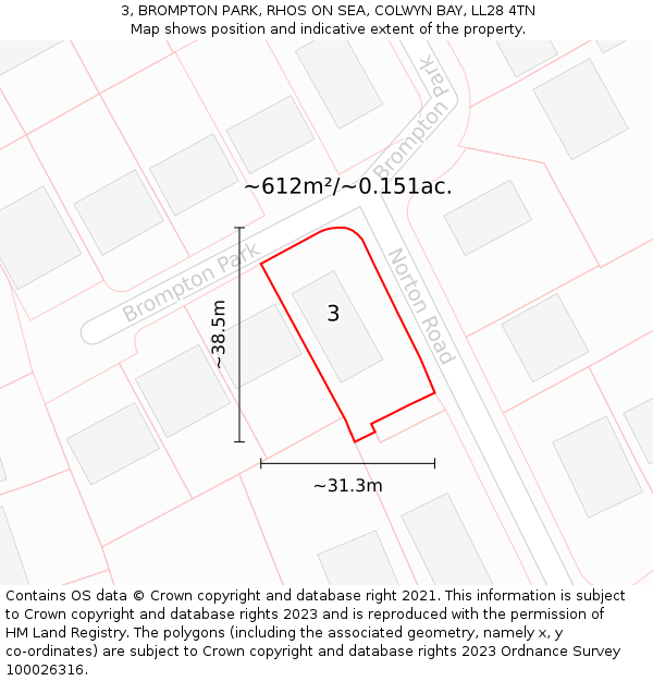 3, BROMPTON PARK, RHOS ON SEA, COLWYN BAY, LL28 4TN: Plot and title map