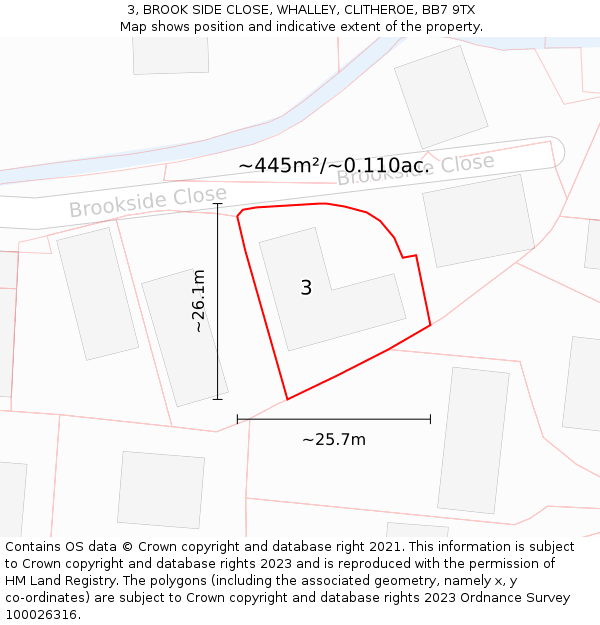 3, BROOK SIDE CLOSE, WHALLEY, CLITHEROE, BB7 9TX: Plot and title map