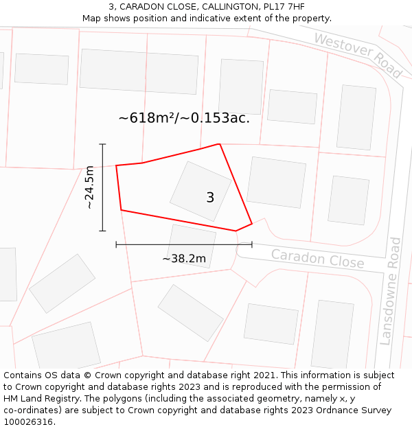 3, CARADON CLOSE, CALLINGTON, PL17 7HF: Plot and title map