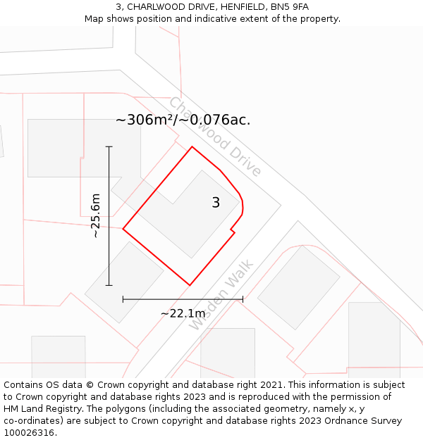 3, CHARLWOOD DRIVE, HENFIELD, BN5 9FA: Plot and title map