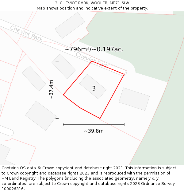 3, CHEVIOT PARK, WOOLER, NE71 6LW: Plot and title map