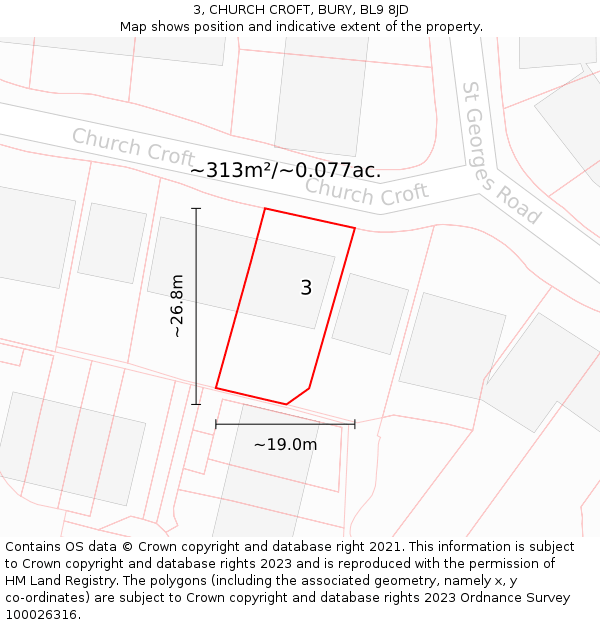 3, CHURCH CROFT, BURY, BL9 8JD: Plot and title map