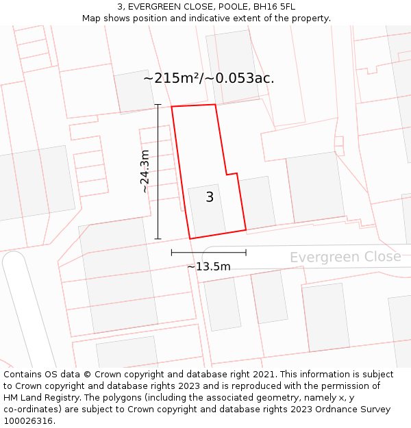 3, EVERGREEN CLOSE, POOLE, BH16 5FL: Plot and title map