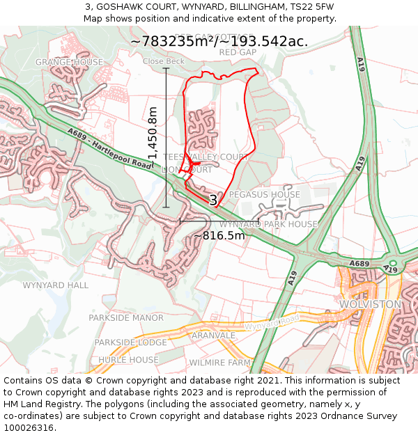 3, GOSHAWK COURT, WYNYARD, BILLINGHAM, TS22 5FW: Plot and title map