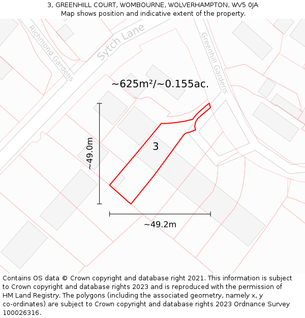 3, GREENHILL COURT, WOMBOURNE, WOLVERHAMPTON, WV5 0JA: Plot and title map