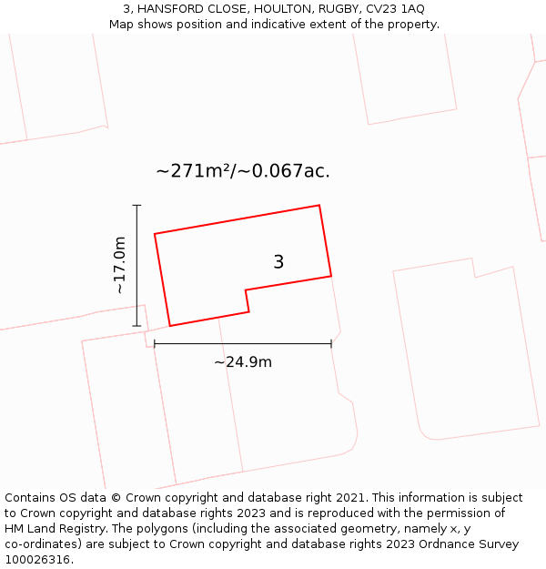 3, HANSFORD CLOSE, HOULTON, RUGBY, CV23 1AQ: Plot and title map