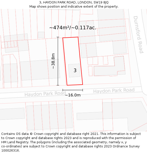 3, HAYDON PARK ROAD, LONDON, SW19 8JQ: Plot and title map