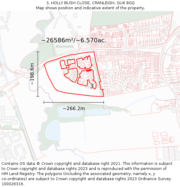 3, HOLLY BUSH CLOSE, CRANLEIGH, GU6 8GQ: Plot and title map