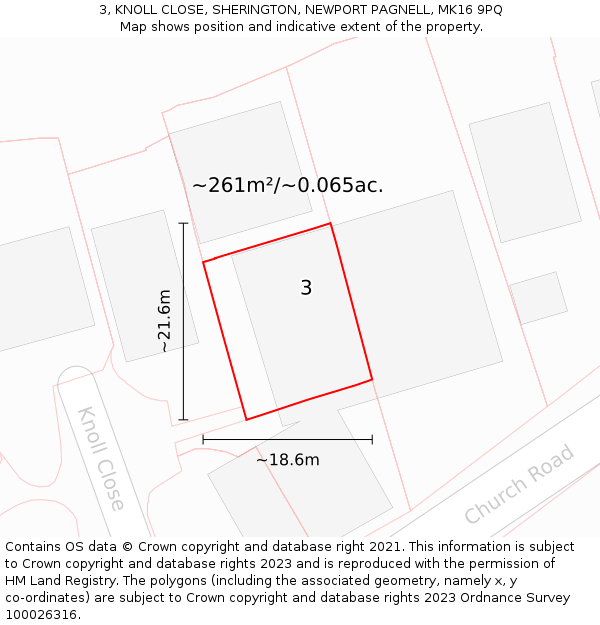 3, KNOLL CLOSE, SHERINGTON, NEWPORT PAGNELL, MK16 9PQ: Plot and title map