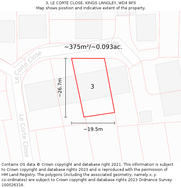 3, LE CORTE CLOSE, KINGS LANGLEY, WD4 9PS: Plot and title map