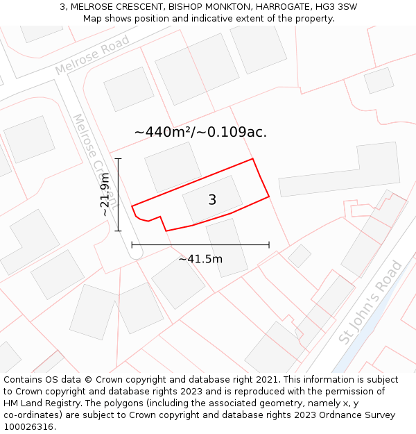 3, MELROSE CRESCENT, BISHOP MONKTON, HARROGATE, HG3 3SW: Plot and title map