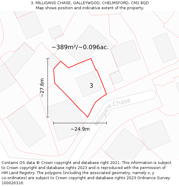 3, MILLIGANS CHASE, GALLEYWOOD, CHELMSFORD, CM2 8QD: Plot and title map