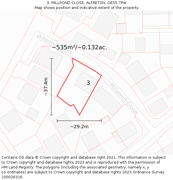 3, MILLPOND CLOSE, ALFRETON, DE55 7PW: Plot and title map