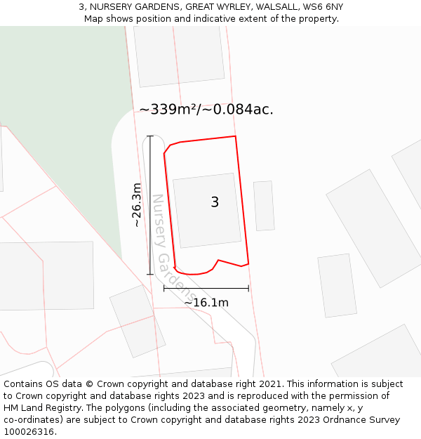 3, NURSERY GARDENS, GREAT WYRLEY, WALSALL, WS6 6NY: Plot and title map