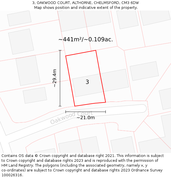 3, OAKWOOD COURT, ALTHORNE, CHELMSFORD, CM3 6DW: Plot and title map