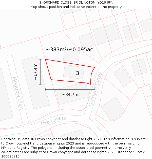 3, ORCHARD CLOSE, BRIDLINGTON, YO16 6FN: Plot and title map