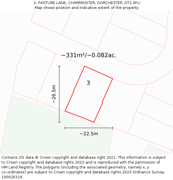 3, PASTURE LANE, CHARMINSTER, DORCHESTER, DT2 9FU: Plot and title map