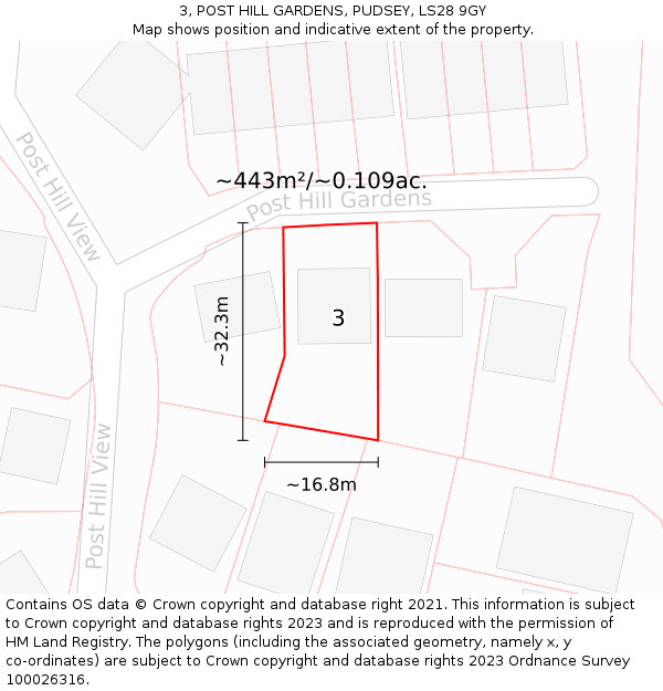 3, POST HILL GARDENS, PUDSEY, LS28 9GY: Plot and title map