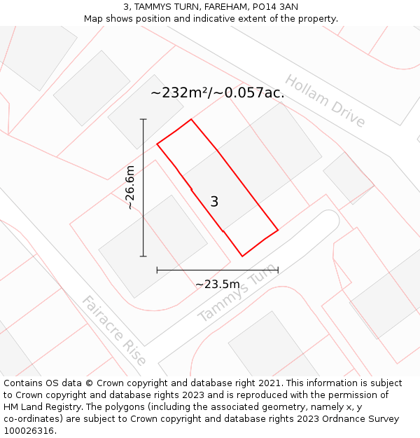 3, TAMMYS TURN, FAREHAM, PO14 3AN: Plot and title map