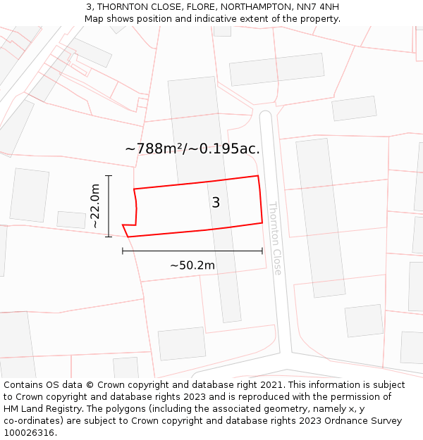 3, THORNTON CLOSE, FLORE, NORTHAMPTON, NN7 4NH: Plot and title map