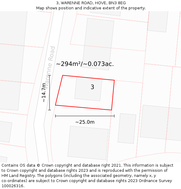 3, WARENNE ROAD, HOVE, BN3 8EG: Plot and title map