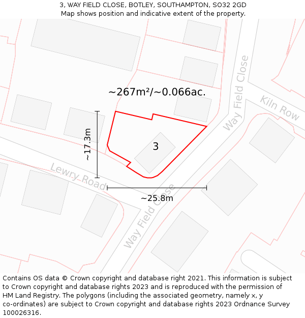 3, WAY FIELD CLOSE, BOTLEY, SOUTHAMPTON, SO32 2GD: Plot and title map