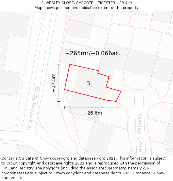 3, WESLEY CLOSE, SAPCOTE, LEICESTER, LE9 4HY: Plot and title map