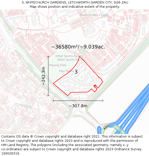 3, WHITECHURCH GARDENS, LETCHWORTH GARDEN CITY, SG6 2AU: Plot and title map