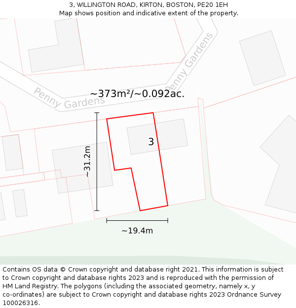 3, WILLINGTON ROAD, KIRTON, BOSTON, PE20 1EH: Plot and title map