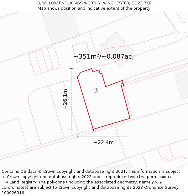 3, WILLOW END, KINGS WORTHY, WINCHESTER, SO23 7XP: Plot and title map