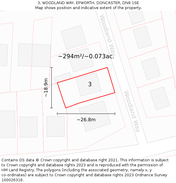 3, WOODLAND WAY, EPWORTH, DONCASTER, DN9 1SE: Plot and title map