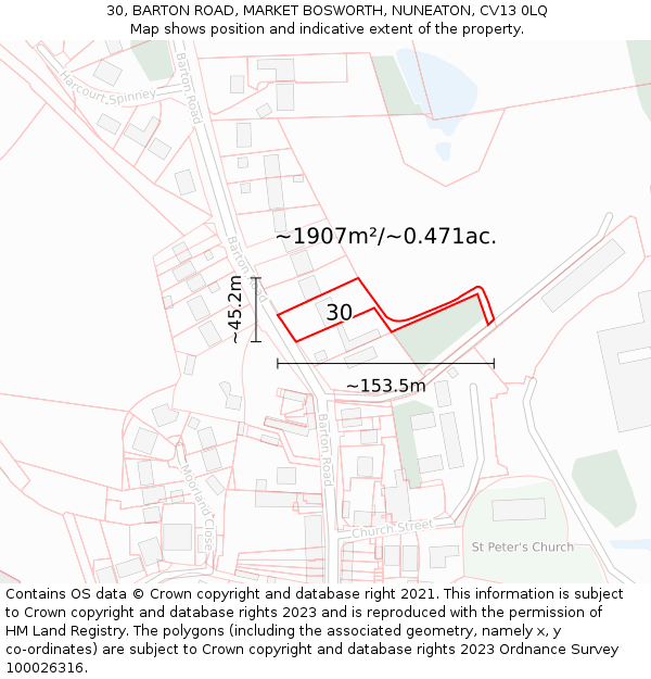 30, BARTON ROAD, MARKET BOSWORTH, NUNEATON, CV13 0LQ: Plot and title map