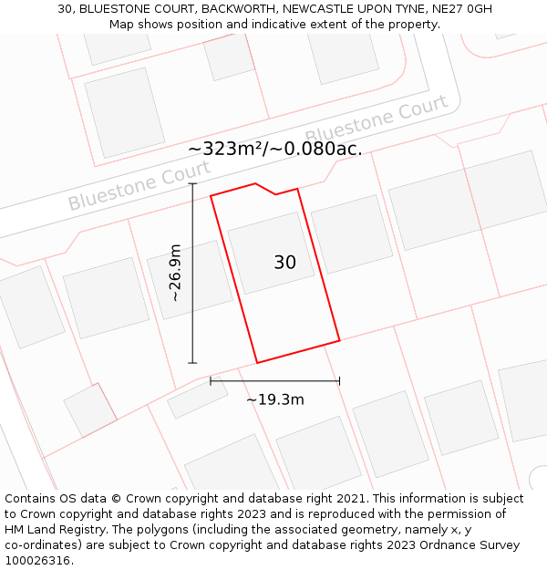 30, BLUESTONE COURT, BACKWORTH, NEWCASTLE UPON TYNE, NE27 0GH: Plot and title map