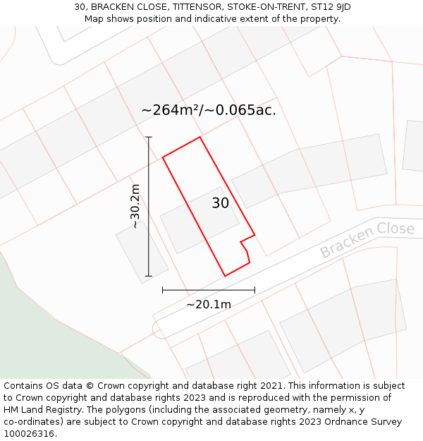 30, BRACKEN CLOSE, TITTENSOR, STOKE-ON-TRENT, ST12 9JD: Plot and title map