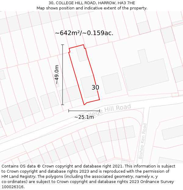 30, COLLEGE HILL ROAD, HARROW, HA3 7HE: Plot and title map