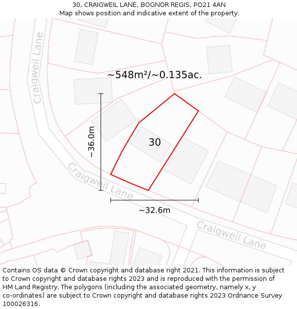 30, CRAIGWEIL LANE, BOGNOR REGIS, PO21 4AN: Plot and title map