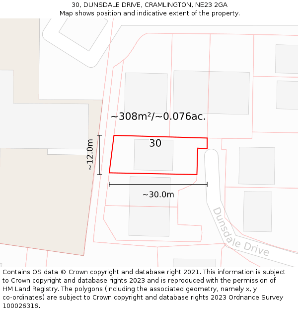 30, DUNSDALE DRIVE, CRAMLINGTON, NE23 2GA: Plot and title map