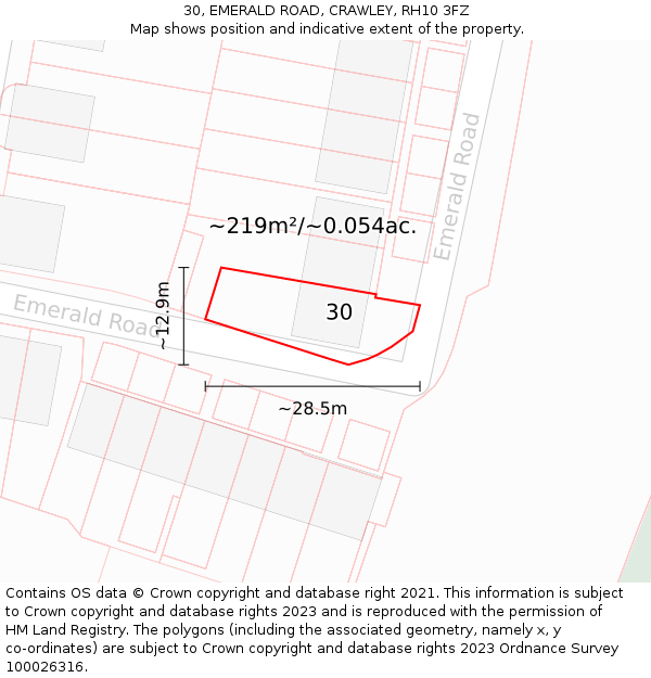 30, EMERALD ROAD, CRAWLEY, RH10 3FZ: Plot and title map