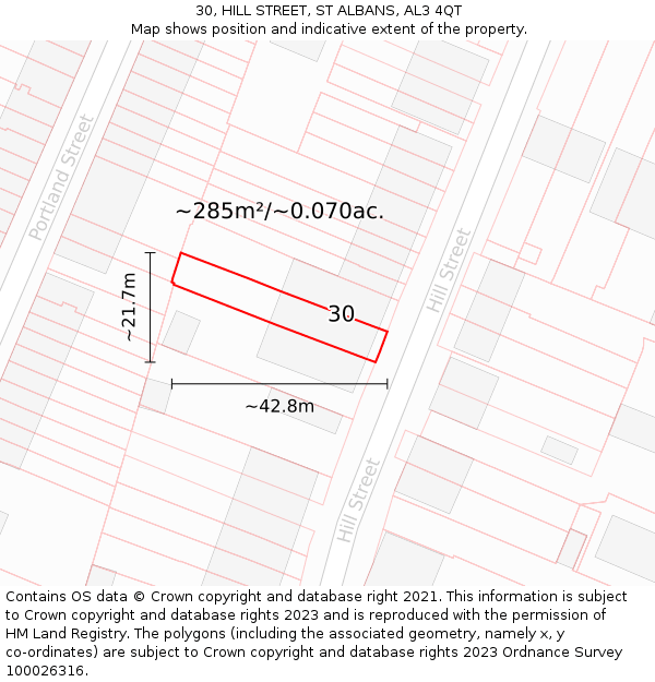 30, HILL STREET, ST ALBANS, AL3 4QT: Plot and title map