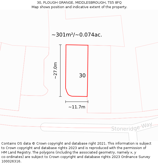 30, PLOUGH GRANGE, MIDDLESBROUGH, TS5 8FQ: Plot and title map