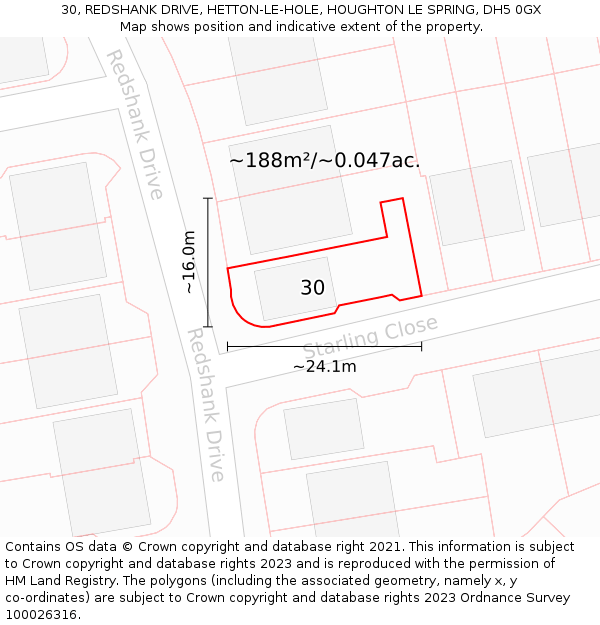 30, REDSHANK DRIVE, HETTON-LE-HOLE, HOUGHTON LE SPRING, DH5 0GX: Plot and title map