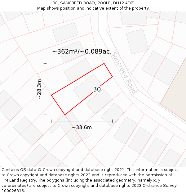 30, SANCREED ROAD, POOLE, BH12 4DZ: Plot and title map