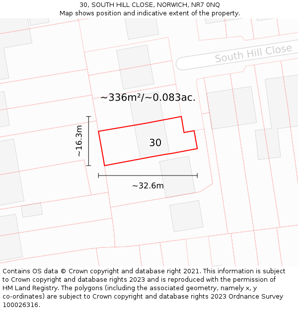 30, SOUTH HILL CLOSE, NORWICH, NR7 0NQ: Plot and title map