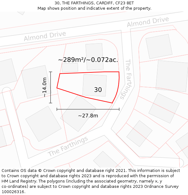 30, THE FARTHINGS, CARDIFF, CF23 8ET: Plot and title map