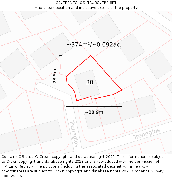 30, TRENEGLOS, TRURO, TR4 8RT: Plot and title map