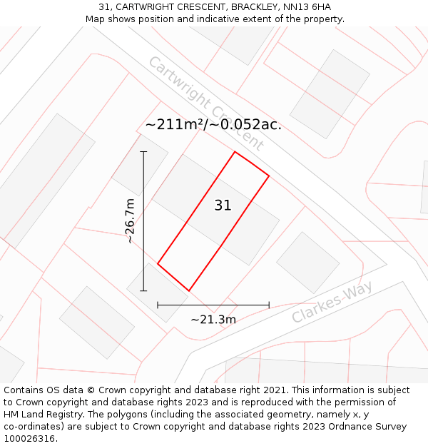 31, CARTWRIGHT CRESCENT, BRACKLEY, NN13 6HA: Plot and title map