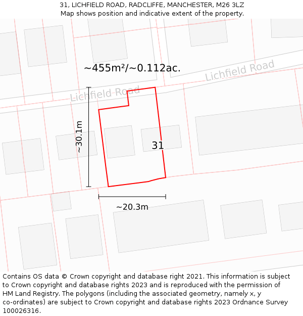 31, LICHFIELD ROAD, RADCLIFFE, MANCHESTER, M26 3LZ: Plot and title map