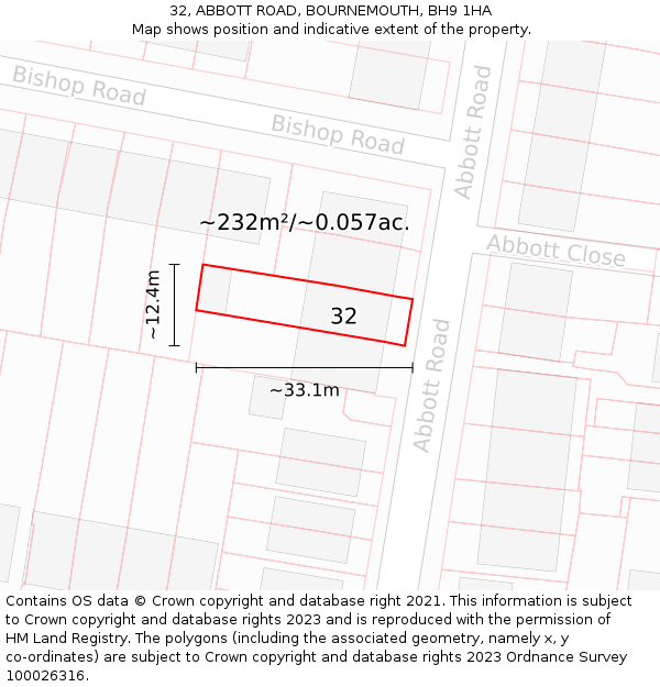 32, ABBOTT ROAD, BOURNEMOUTH, BH9 1HA: Plot and title map