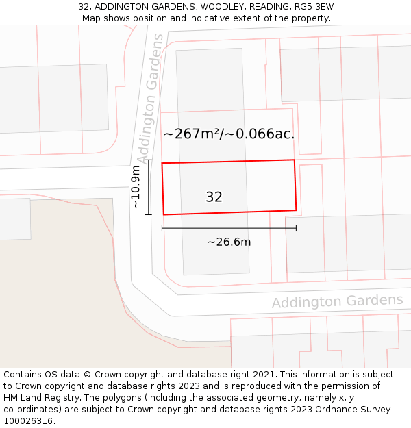 32, ADDINGTON GARDENS, WOODLEY, READING, RG5 3EW: Plot and title map