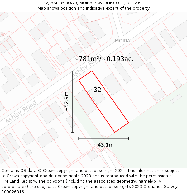 32, ASHBY ROAD, MOIRA, SWADLINCOTE, DE12 6DJ: Plot and title map